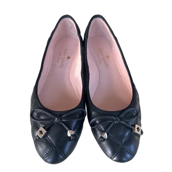 Kate Spade Paris Ballet Flats Women's Size 6.5 Quilted Black Leather Bow Charms - Picture 1 of 6